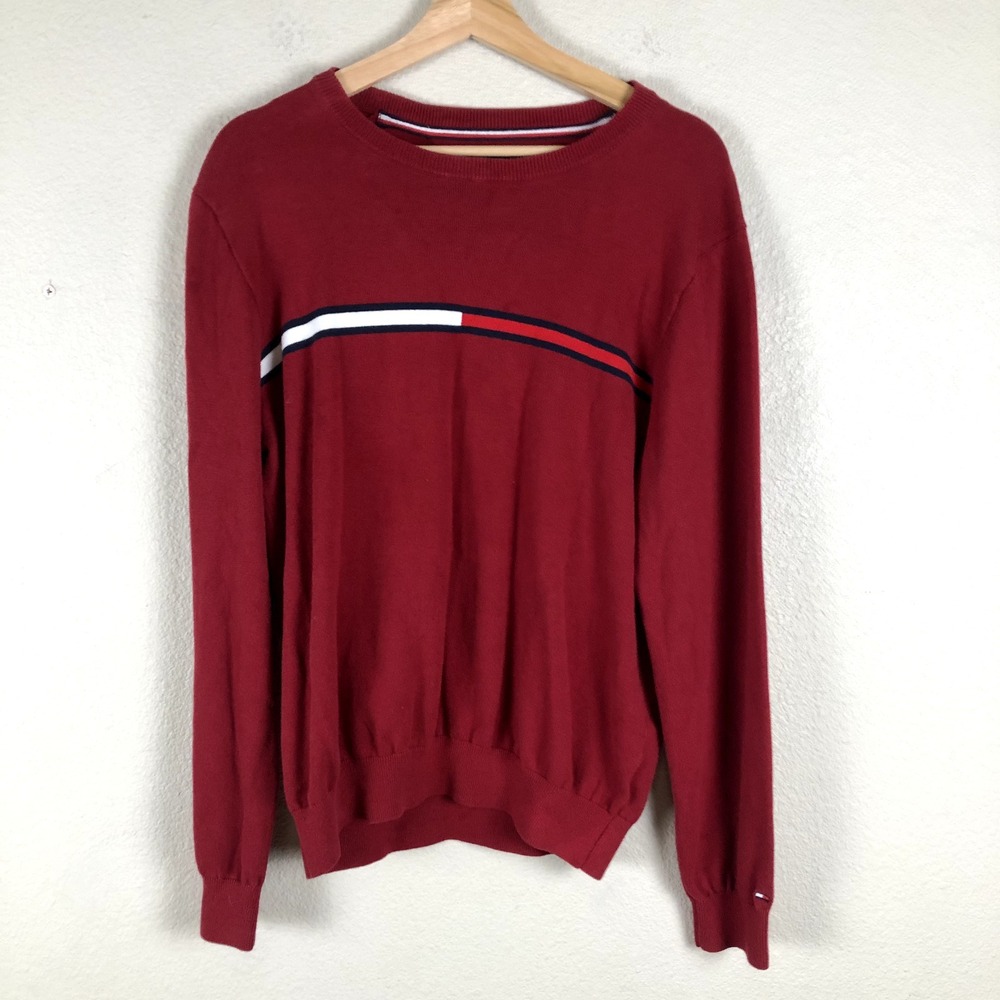 Tommy Hilfiger Preppy Sweater Mens Large Red Knit Lightweight Logo Academia‎
